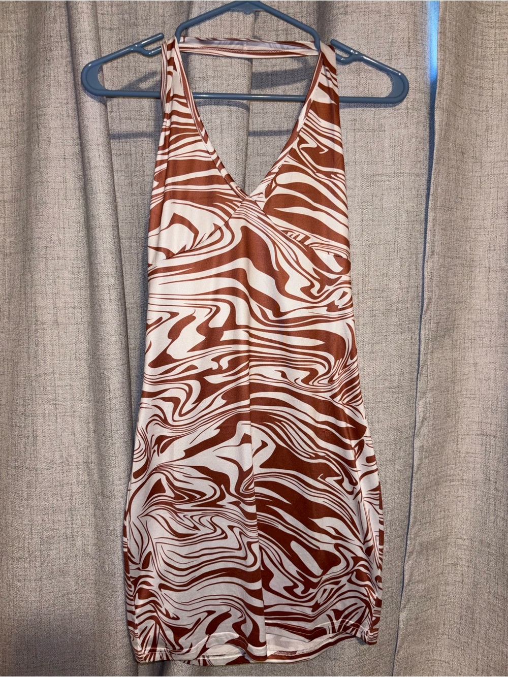 Women's Brown & White V-Neck Halter Dress